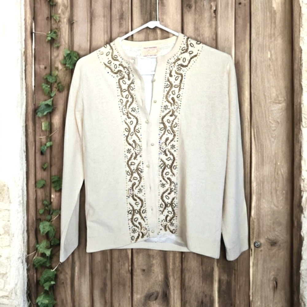Retro Lambswool Beaded Sweater, Creamy White Coquette Girl Rockabilly Cardigan M